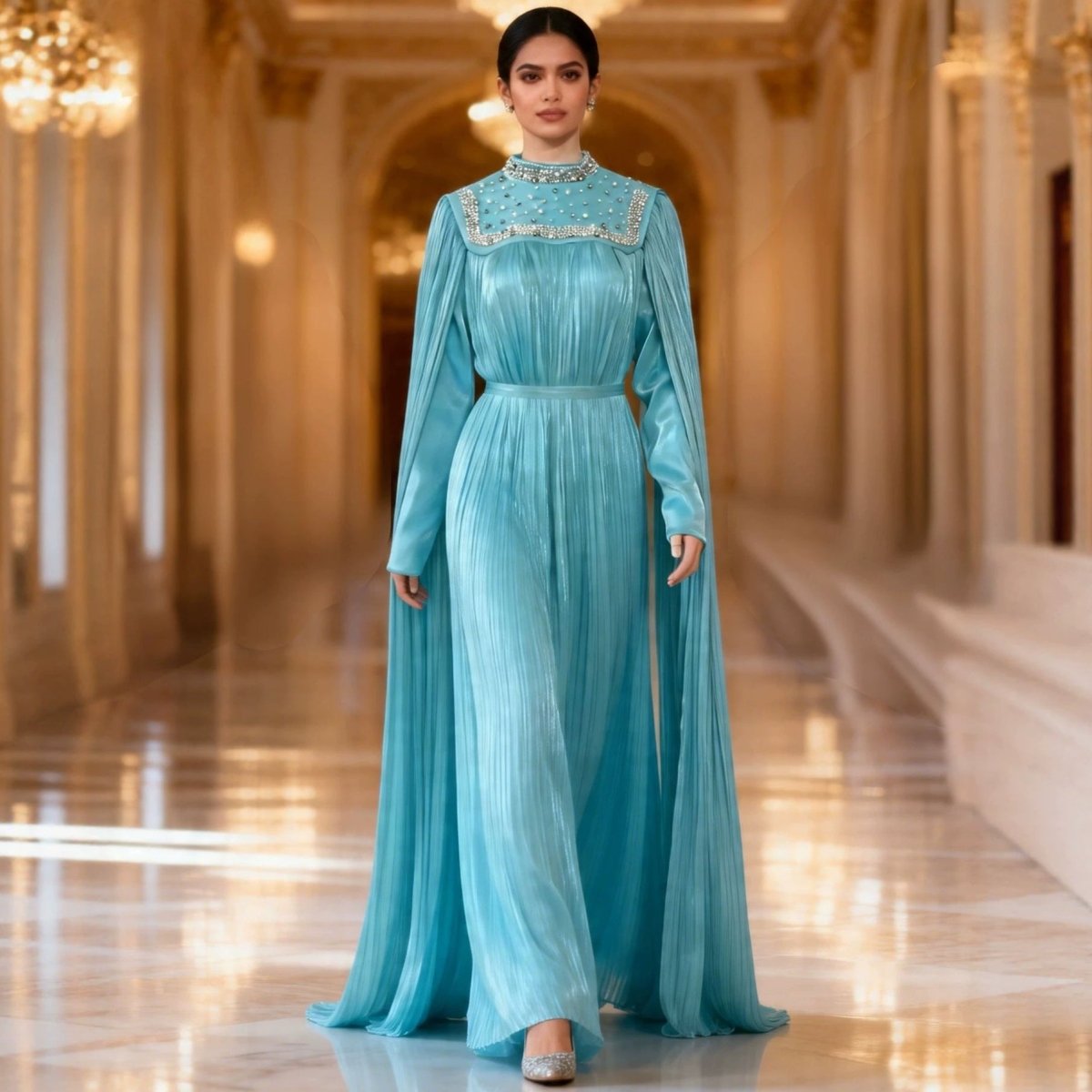 Pearl & Crystal Beaded Pleated Chiffon Maxi Gown(MA441)