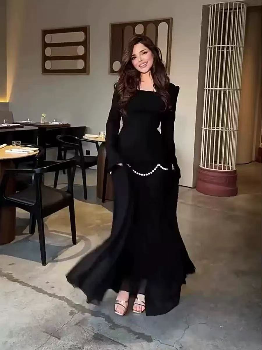 Pearl-Embellished Square Neck Maxi Dress | Modest Gowns with Long Sleeves(MA269)