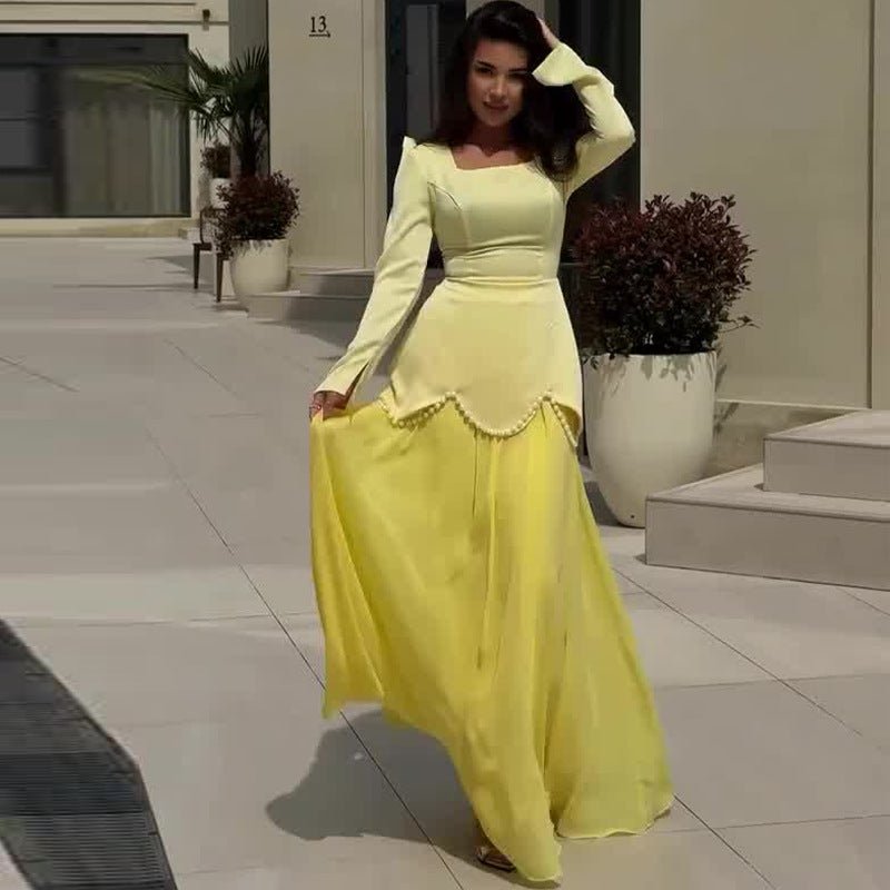 Pearl-Embellished Square Neck Maxi Dress | Modest Gowns with Long Sleeves(MA269)