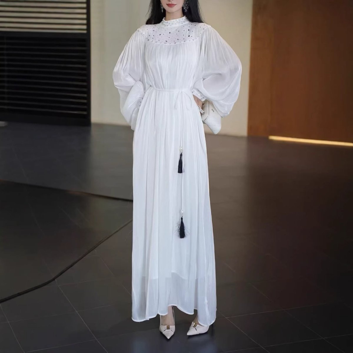 Pearl Embellished Yoke Maxi Dress(MS385)