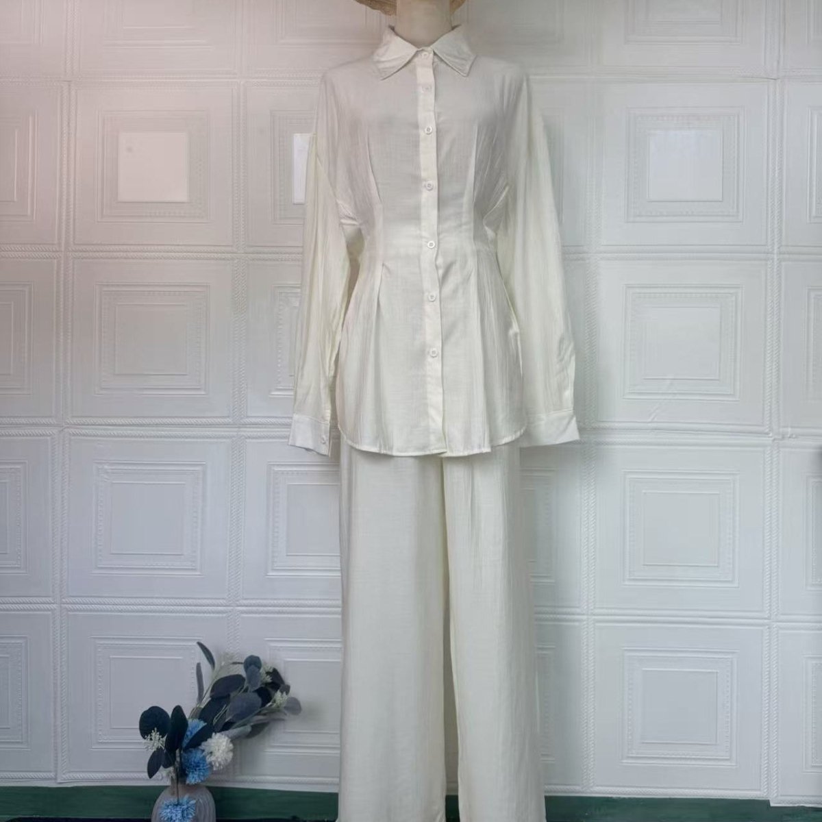 Peplum Shirt & Wide-Leg Trousers Co-ord Set(MS481)