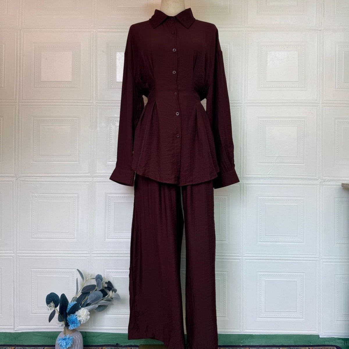 Peplum Shirt & Wide-Leg Trousers Co-ord Set(MS481)