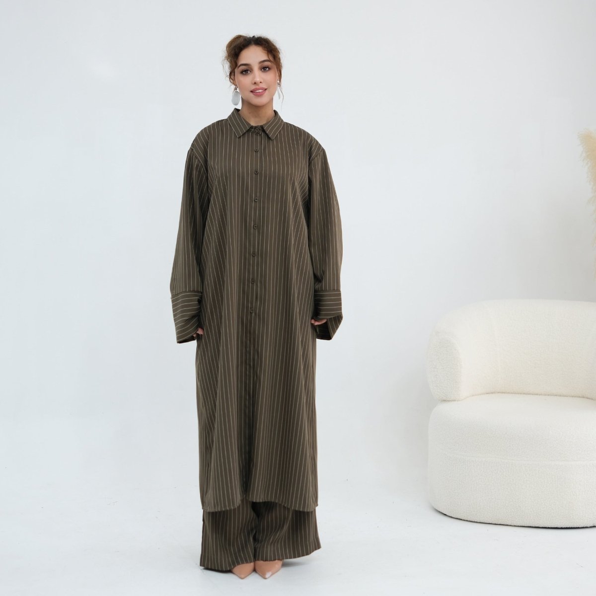Pinstripe Oversized Shirt & Wide-Leg Trouser Set(MS452)