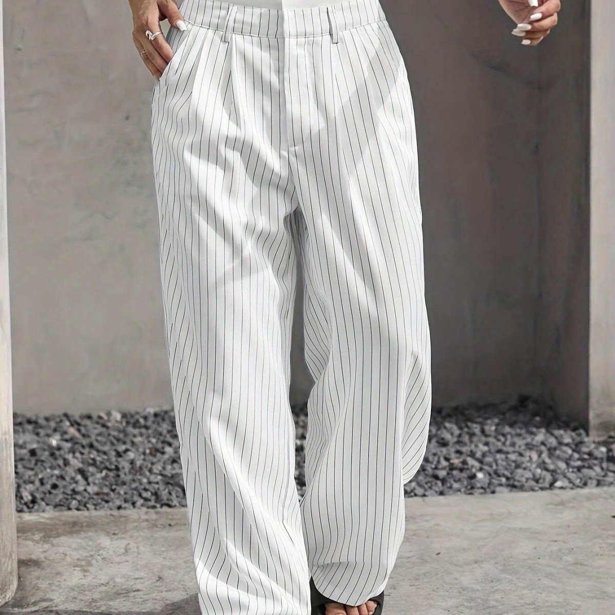 Pinstripe Wide-Leg Pants | High Waist Contrast Waistband Trousers(MS244)