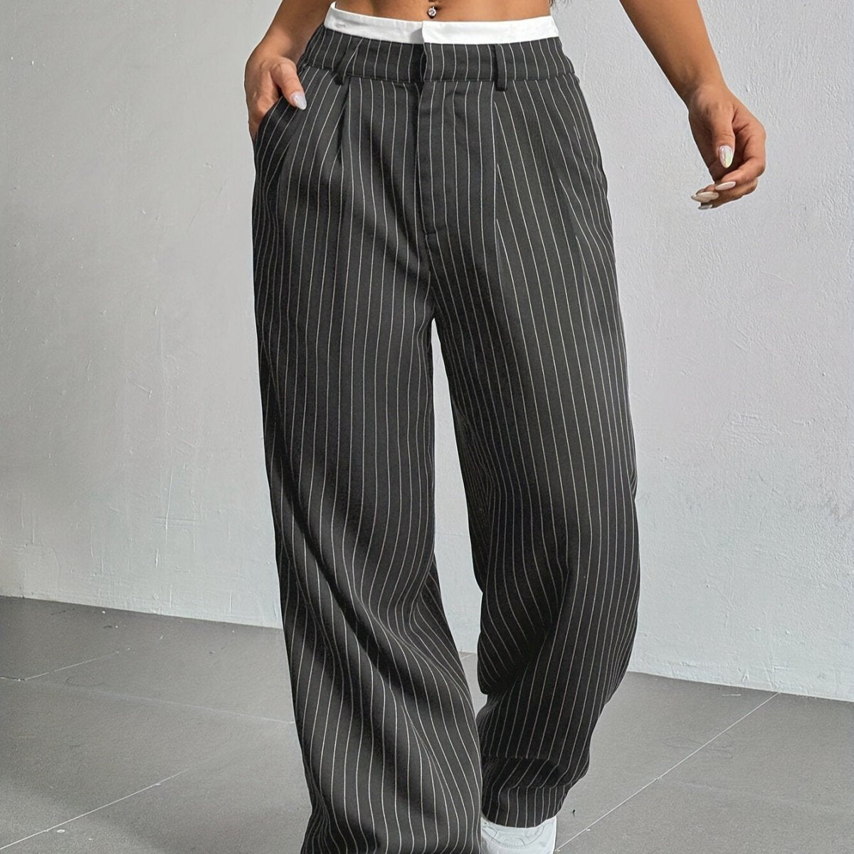 Pinstripe Wide-Leg Pants | High Waist Contrast Waistband Trousers(MS244)