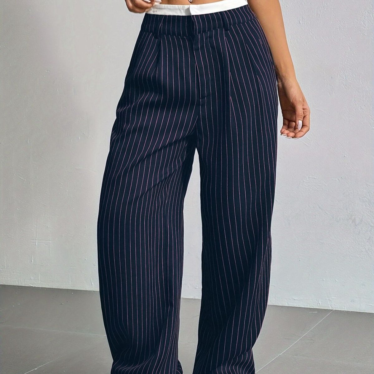 Pinstripe Wide-Leg Pants | High Waist Contrast Waistband Trousers(MS244)