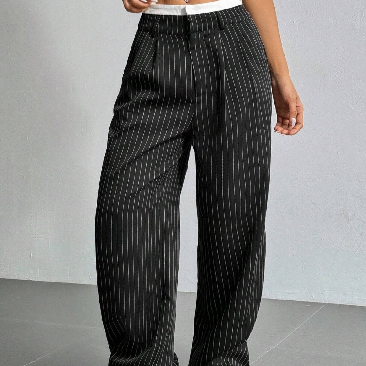 Pinstripe Wide-Leg Pants | High Waist Contrast Waistband Trousers(MS244)