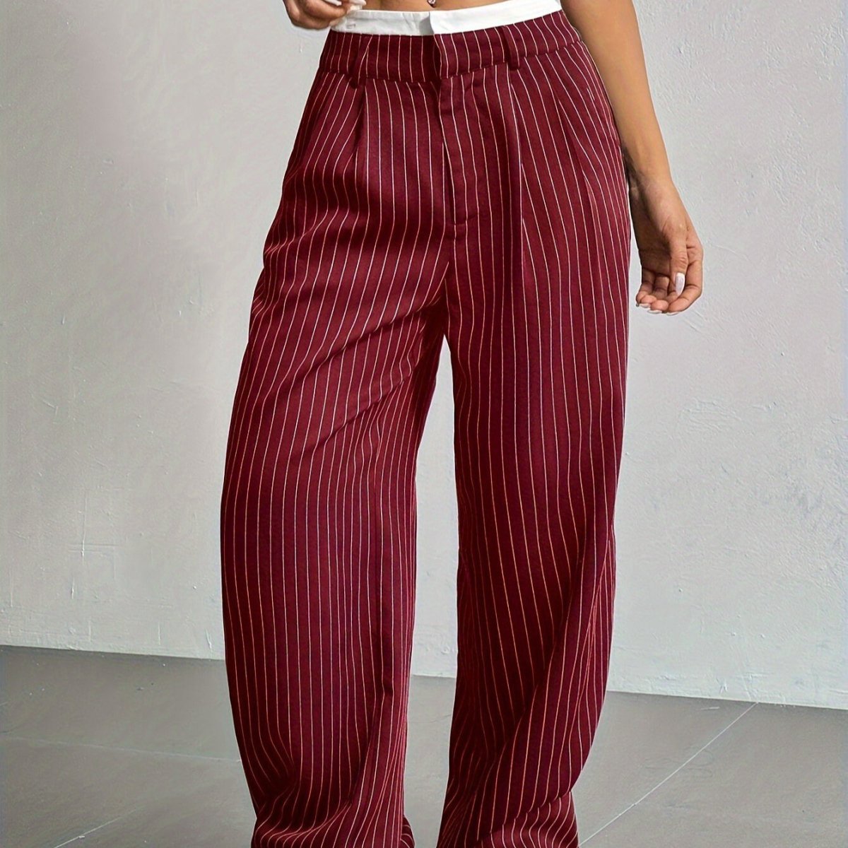 Pinstripe Wide-Leg Pants | High Waist Contrast Waistband Trousers(MS244)