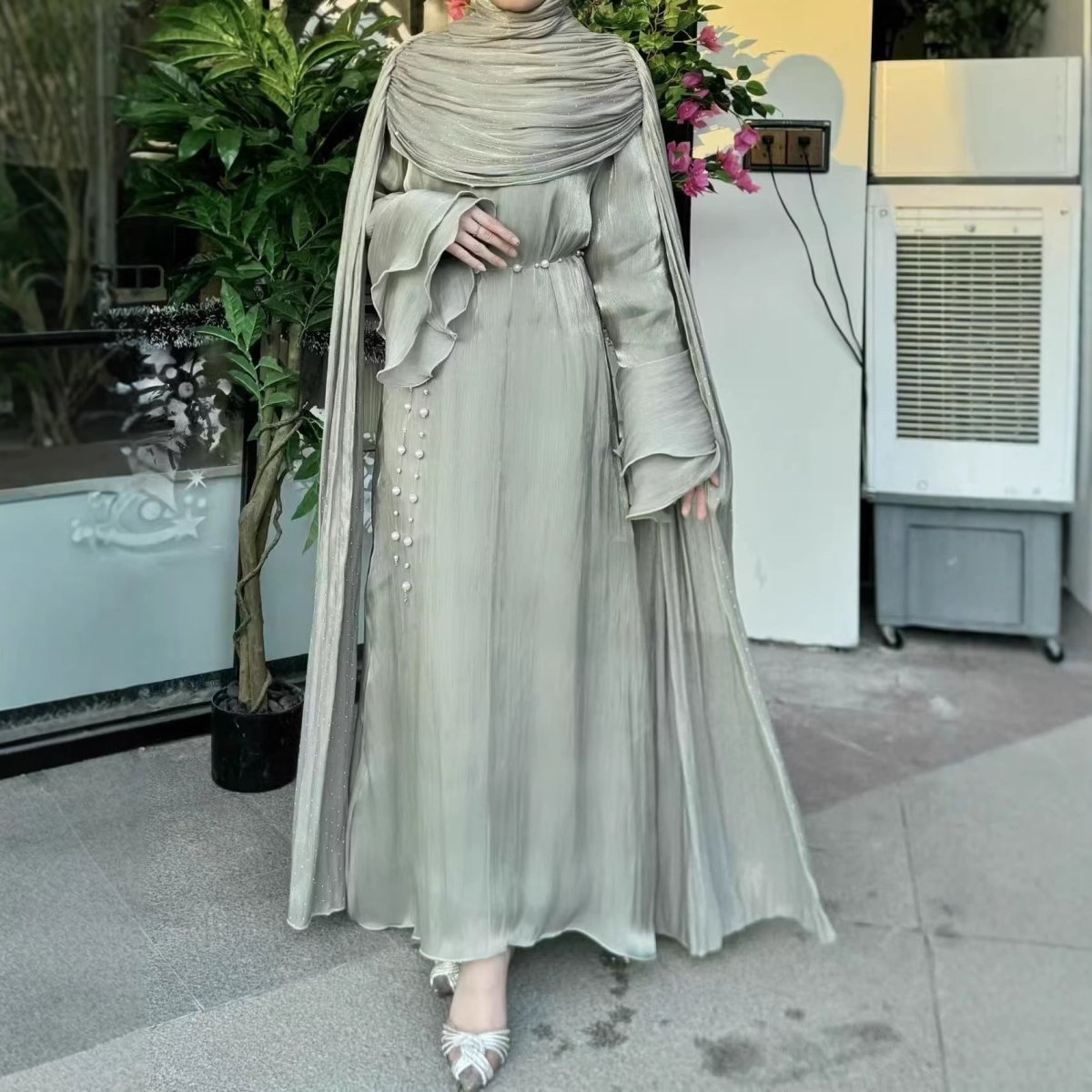 Pleated Cape Sleeve Abaya Maxi Dress(MA430)
