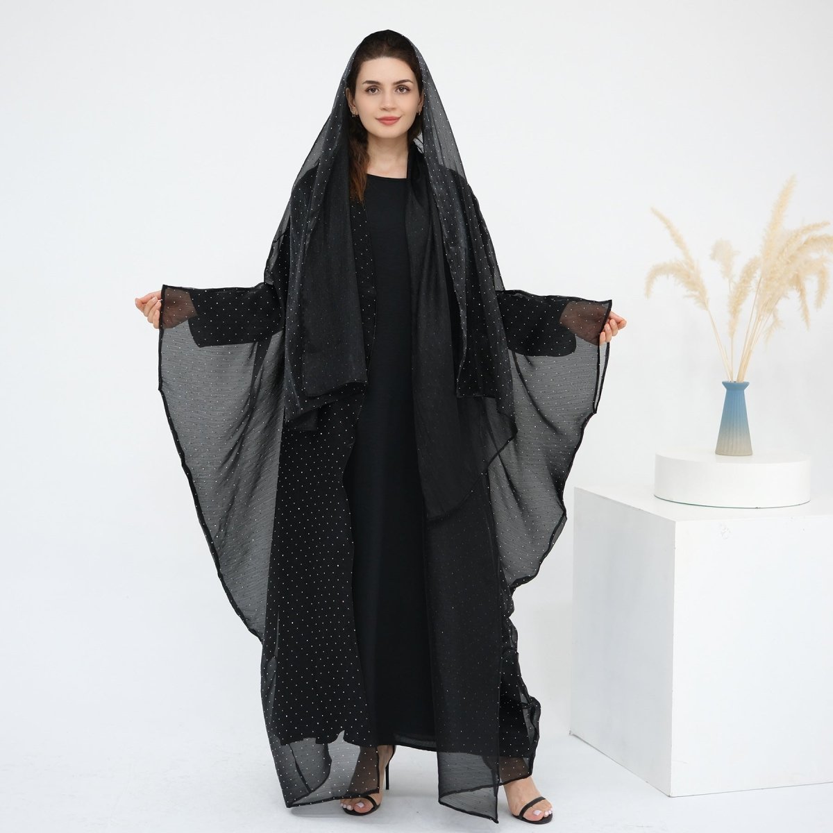 Rhinestone Ice Crinkle Batwing Sleeve Abaya Set(MOA237)