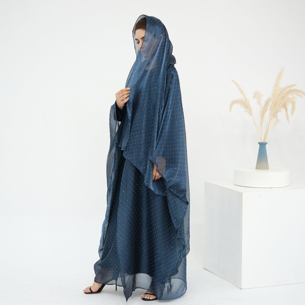 Rhinestone Ice Crinkle Batwing Sleeve Abaya Set(MOA237)