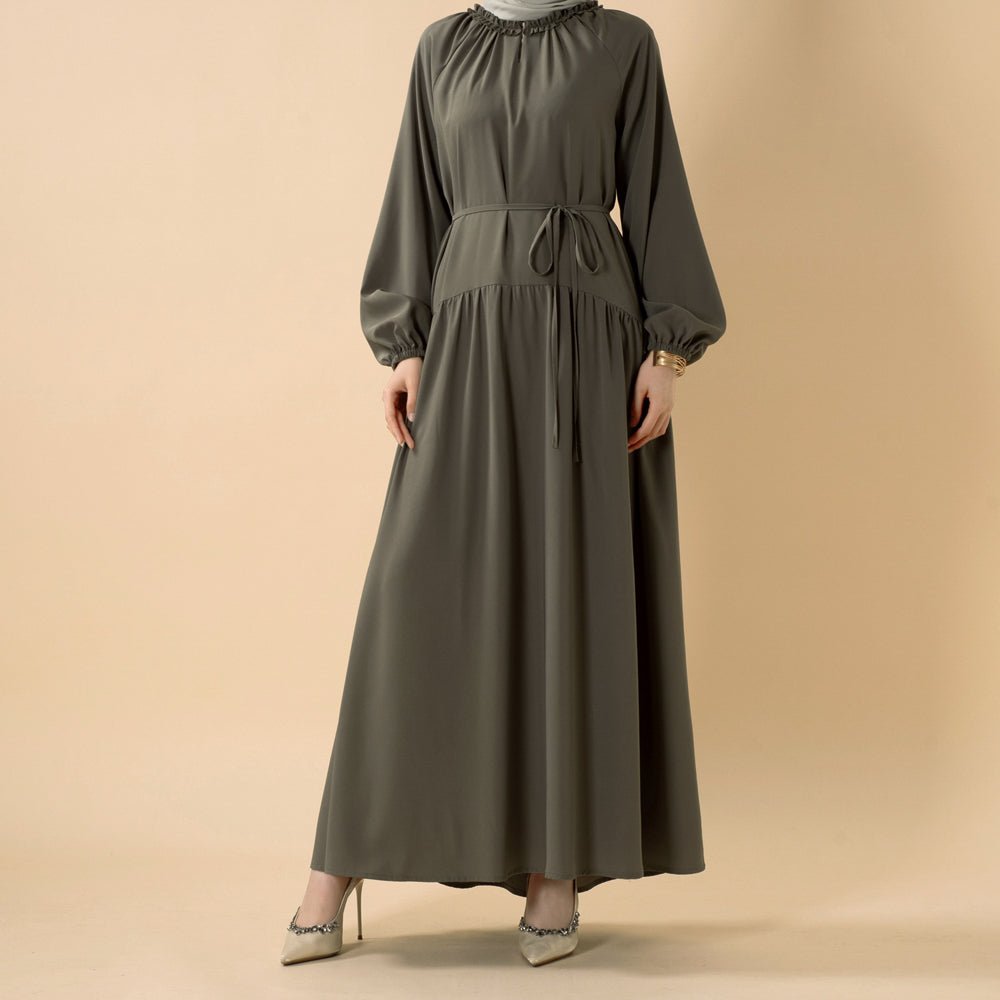 Ruffle Trim Pleated Relaxed Maxi Dress with Waist Tie(MA424)