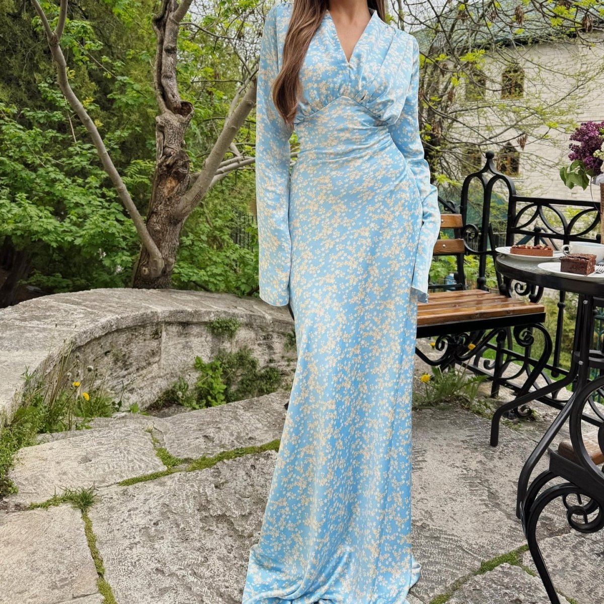 Satin Floral Print V-Neck Maxi Dress(MS378)
