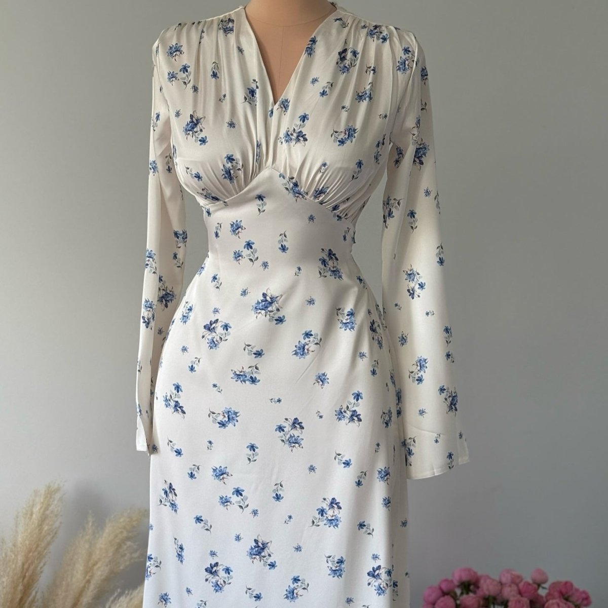 Satin Floral Print V-Neck Maxi Dress(MS378)