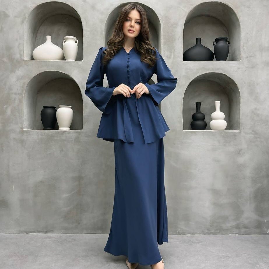 Satin Peplum Top & Skirt Set | Bell Sleeve Two-Piece Outfit(MS229)