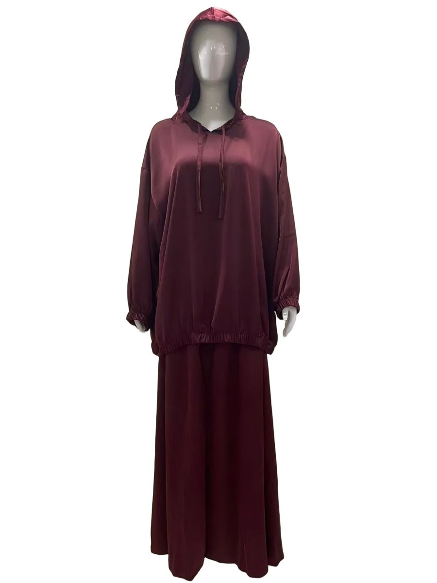 Satin Two-Piece Set with Hooded Top & Maxi Skirt(MS348)