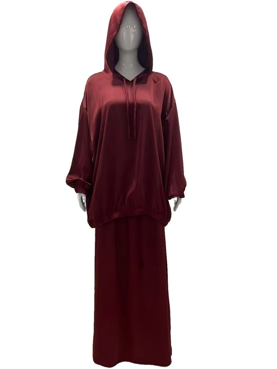 Satin Two-Piece Set with Hooded Top & Maxi Skirt(MS348)