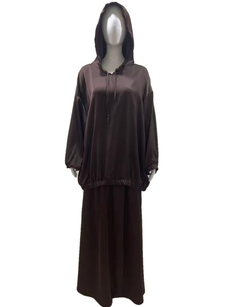 Satin Two-Piece Set with Hooded Top & Maxi Skirt(MS348)