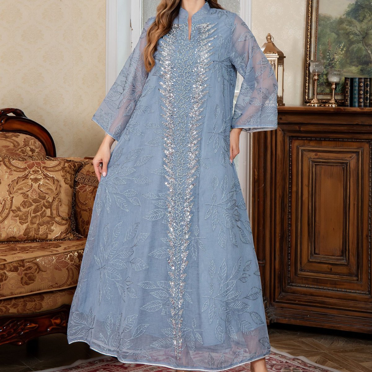 Sequin Embroidered Mesh Abaya (MA415)