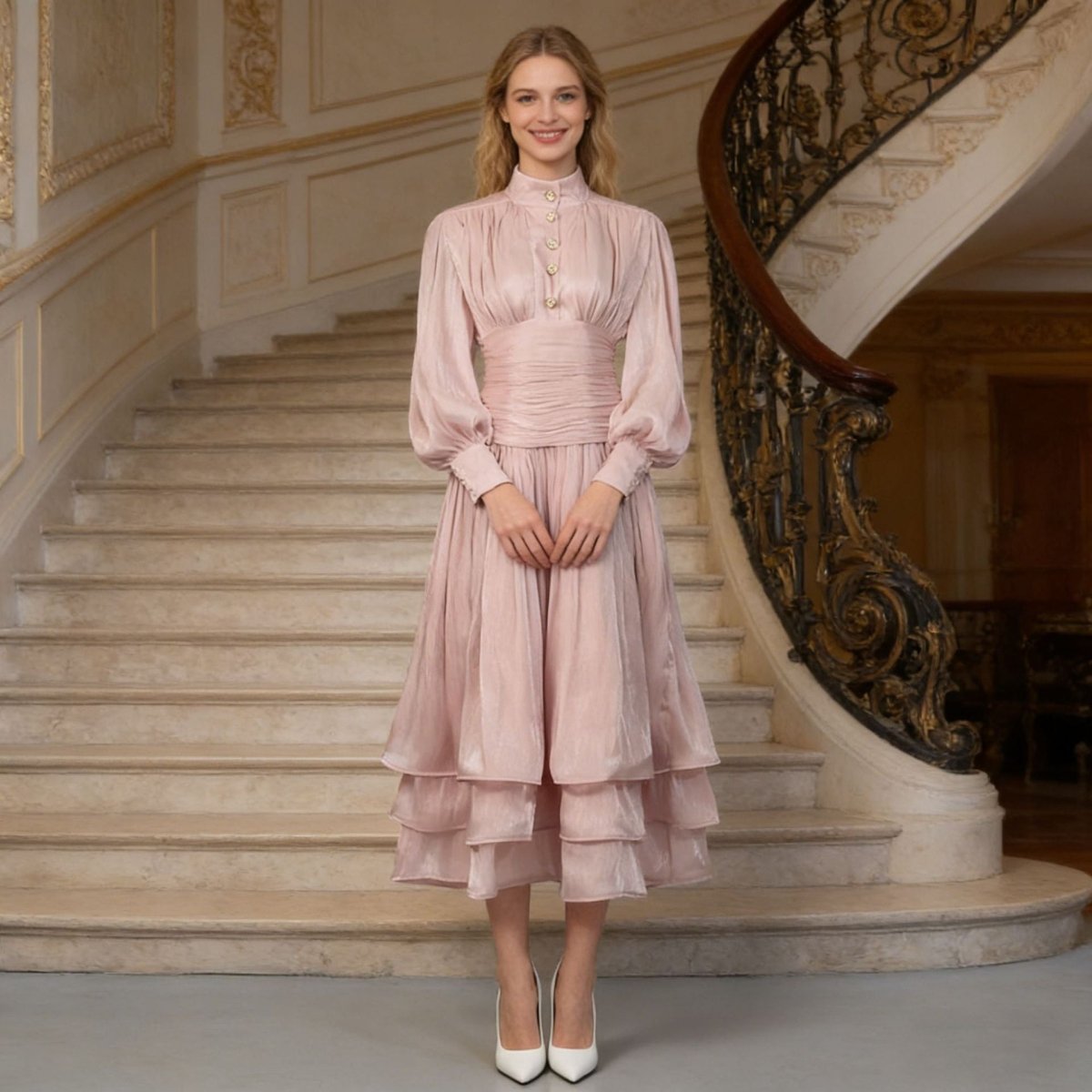 Shimmer Tiered Ruffle Dress with Pearl Buttons(MS322)