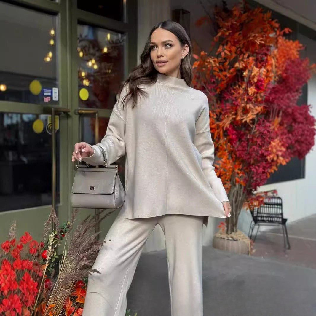 Solid Color Asymmetric Tunic & Wide Leg Pants Set(MS174)