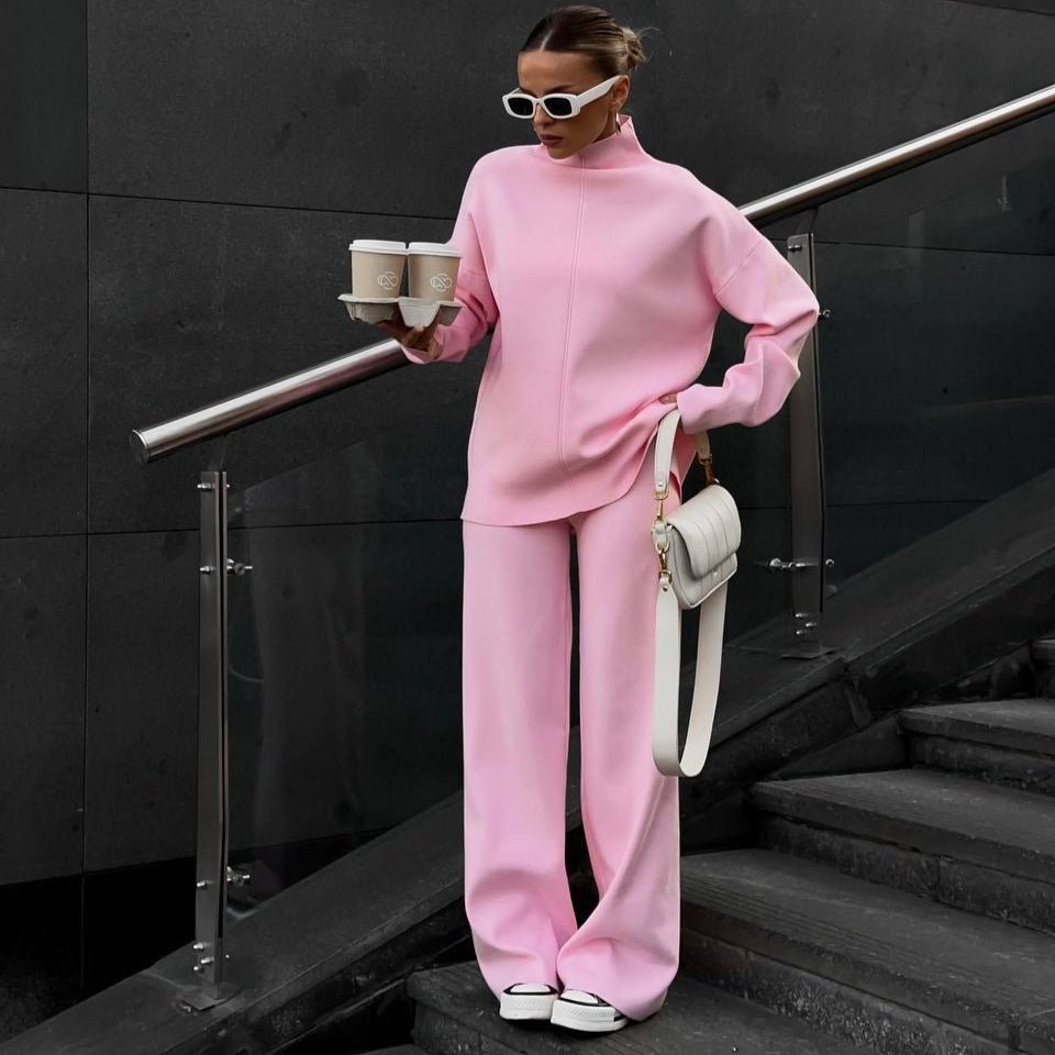 Solid Color Asymmetric Tunic & Wide Leg Pants Set(MS174)