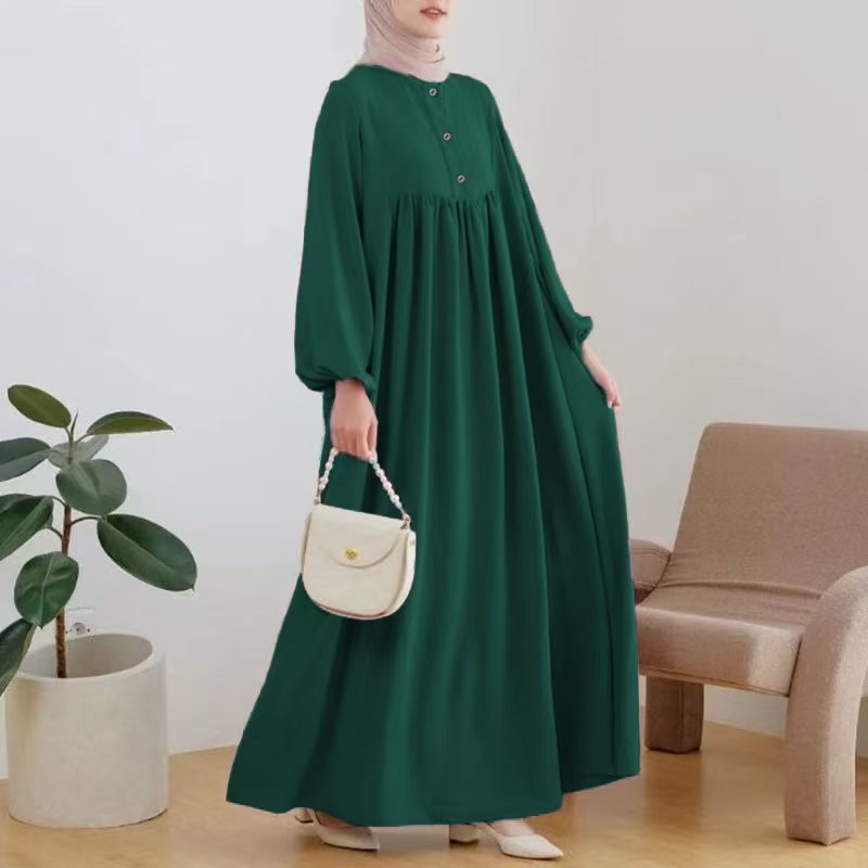 Solid Color Bubble Sleeve  with Button Casual & Elegant Long Maxi Dress Abaya (MA157)