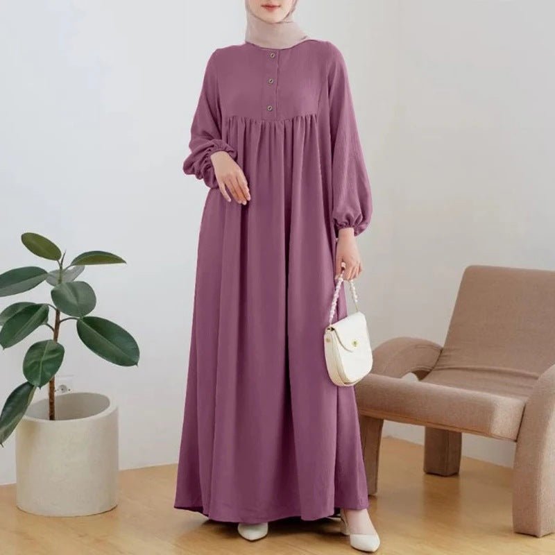 Solid Color Bubble Sleeve  with Button Casual & Elegant Long Maxi Dress Abaya (MA157)