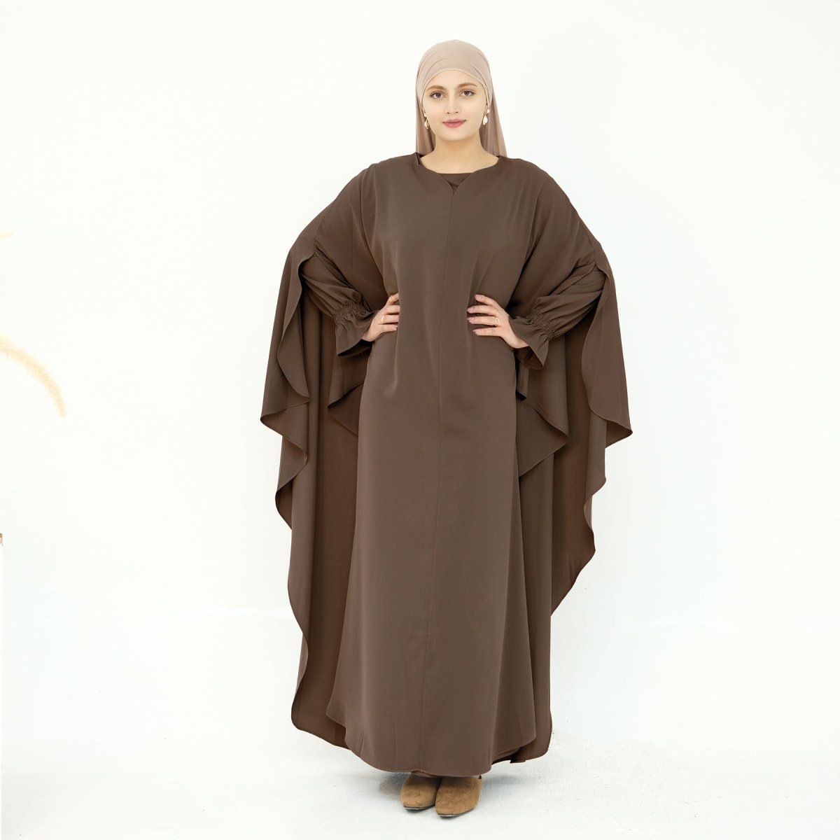 Solid Color Modest Robe Dress Two-Piece Set – Muslim Abaya with Puff Sleeves(MA275)