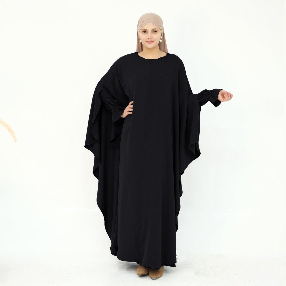 Solid Color Modest Robe Dress Two-Piece Set – Muslim Abaya with Puff Sleeves(MA275)