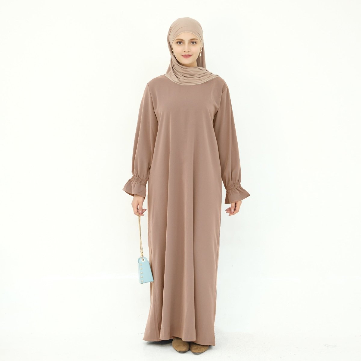 Solid Color Modest Robe Dress Two-Piece Set – Muslim Abaya with Puff Sleeves(MA275)