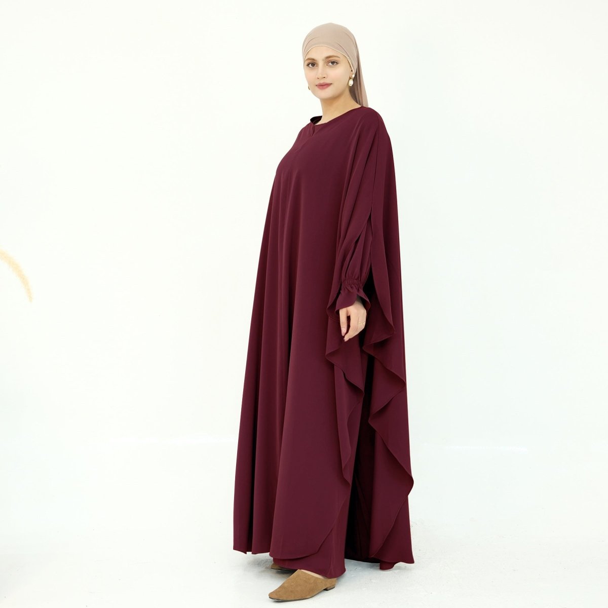 Solid Color Modest Robe Dress Two-Piece Set – Muslim Abaya with Puff Sleeves(MA275)