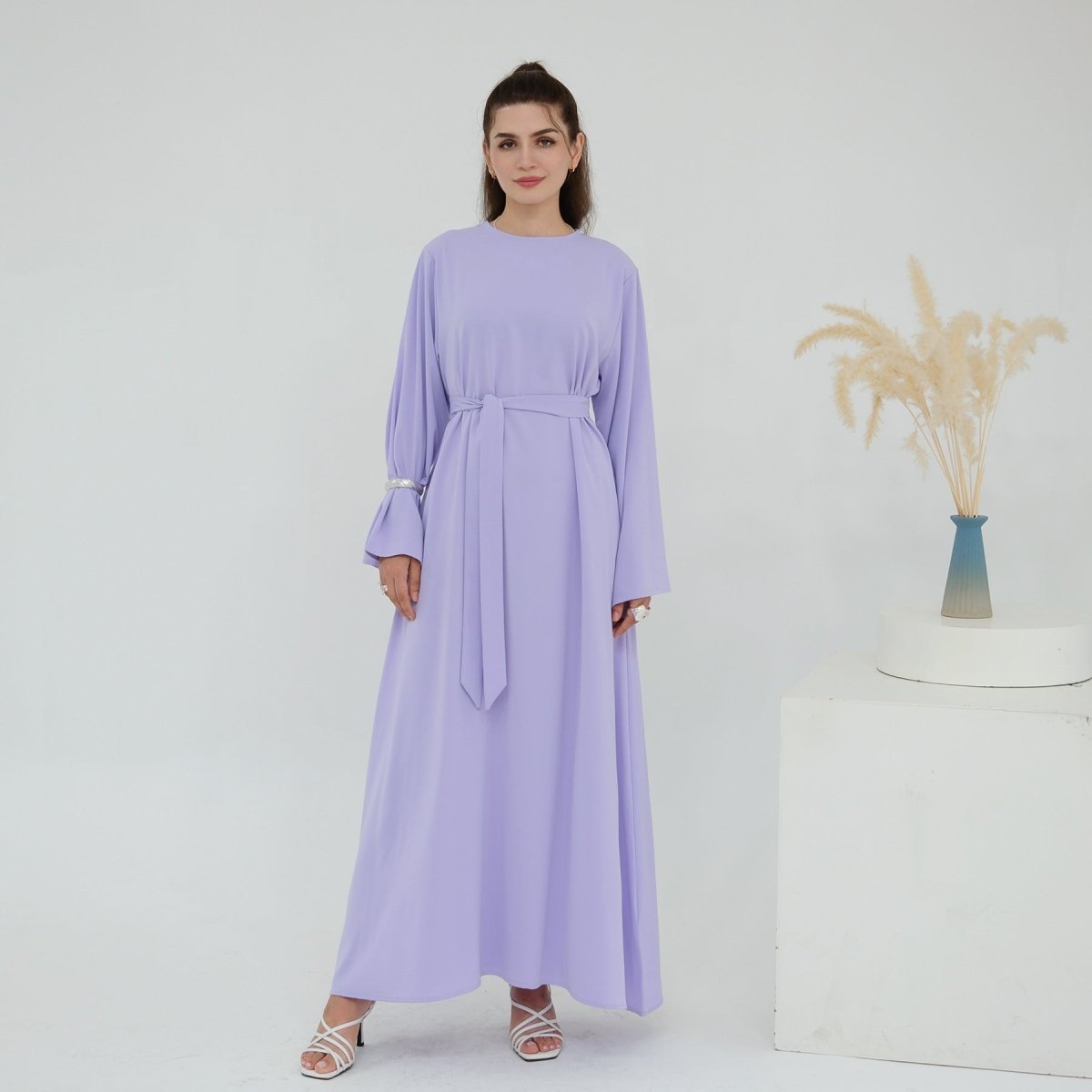 Solid Color Nida Abaya with Belt | A-Line Maxi Dress Abaya (MA359)