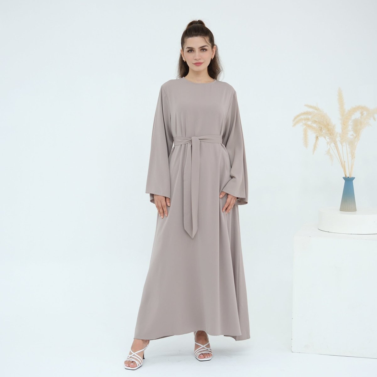 Solid Color Nida Abaya with Belt | A-Line Maxi Dress Abaya (MA359)