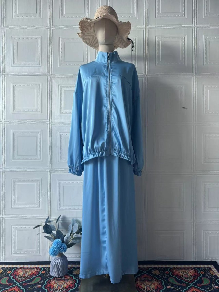New Summer Satin Long Sleeve Dress | Modest Fashion Waist Drop Long Dress Set (MS079)