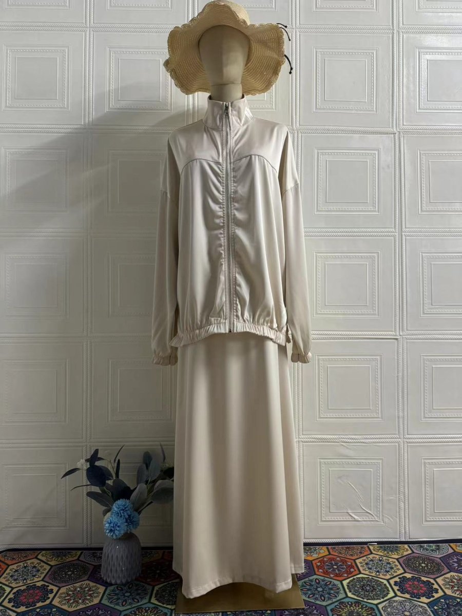 New Summer Satin Long Sleeve Dress | Modest Fashion Waist Drop Long Dress Set (MS079)