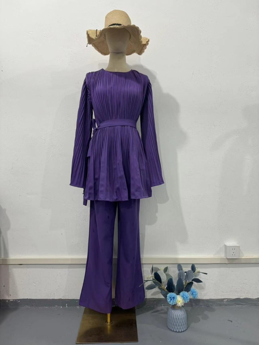 Summer Pleated Design Breathable Loose Pants Two-Piece Set (MS083)