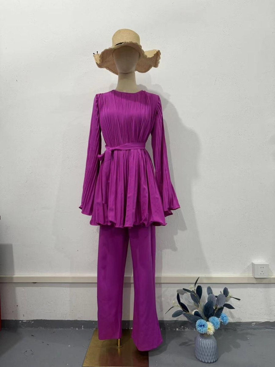 Summer Pleated Design Breathable Loose Pants Two-Piece Set (MS083)