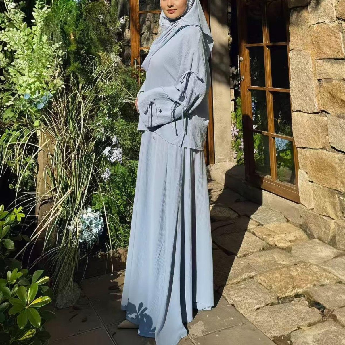 Two-Piece Tunic & Maxi Skirt Set with Pockets (MS379)