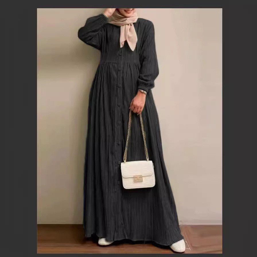 Vintage Button-Front Abaya Dress | Long Sleeve Modest Robe (MA256)