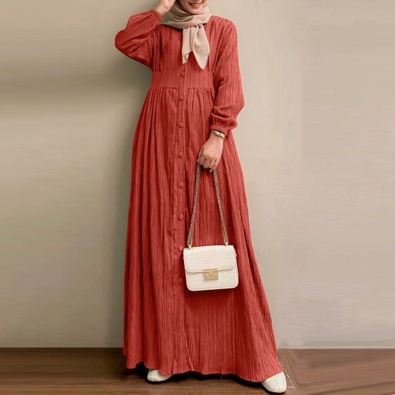 Vintage Button-Front Abaya Dress | Long Sleeve Modest Robe (MA256)