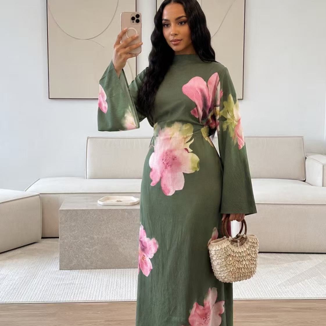 Watercolour Floral Washed-Crinkle Wide-Sleeve Maxi Dress(MS473)