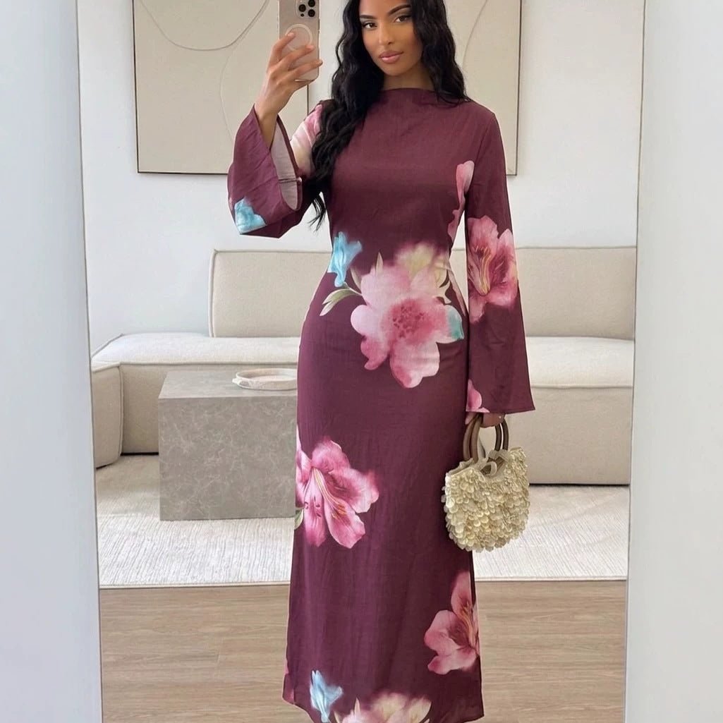 Watercolour Floral Washed-Crinkle Wide-Sleeve Maxi Dress(MS473)