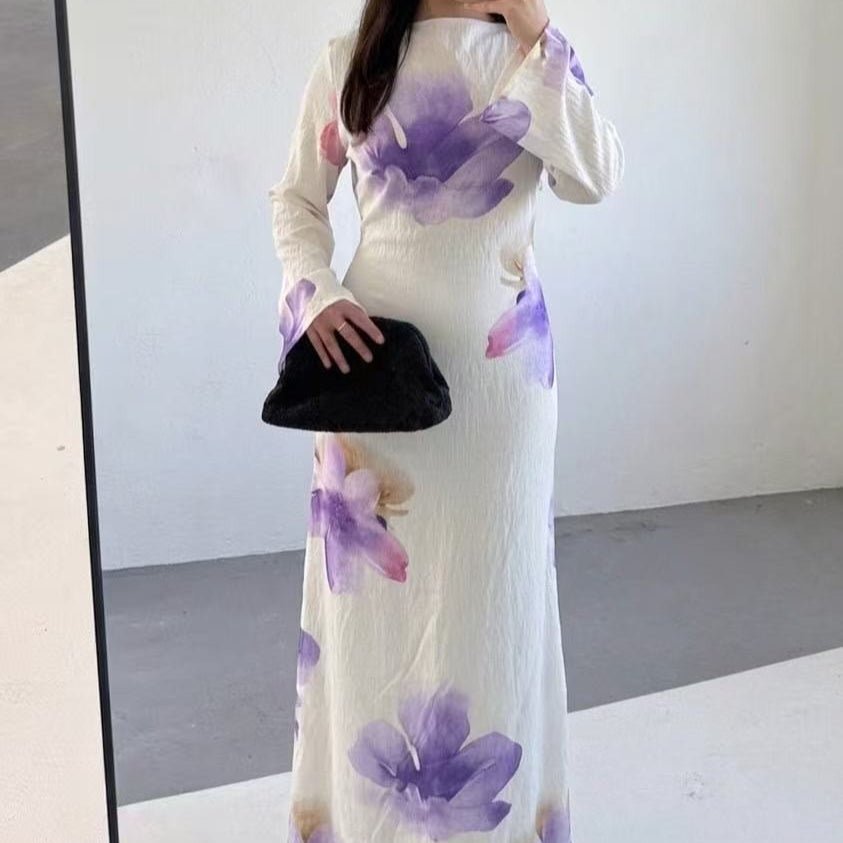 Watercolour Floral Washed-Crinkle Wide-Sleeve Maxi Dress(MS473)