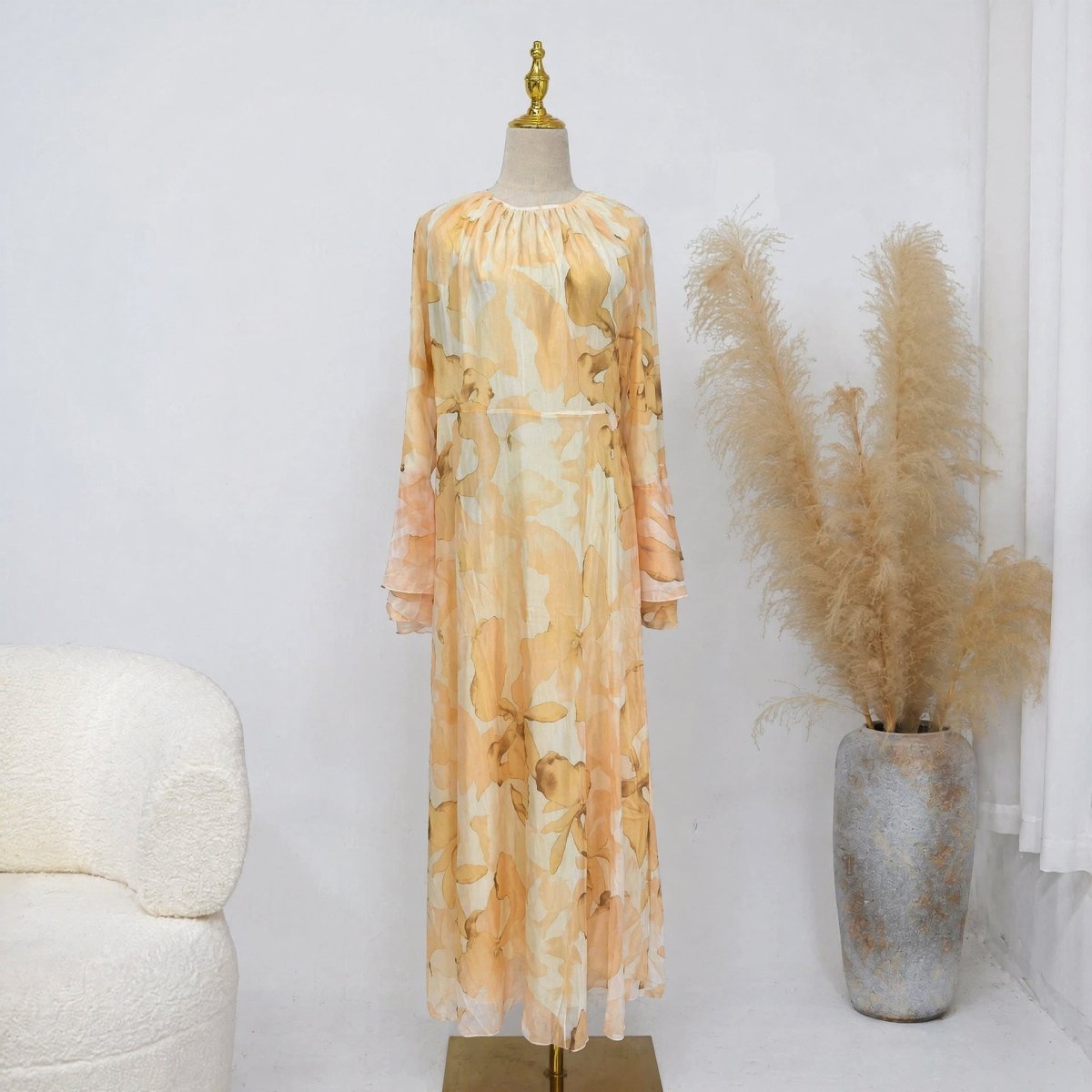 Watercolour Print Double-Layer Flared-Sleeve Maxi Dress(MS479)