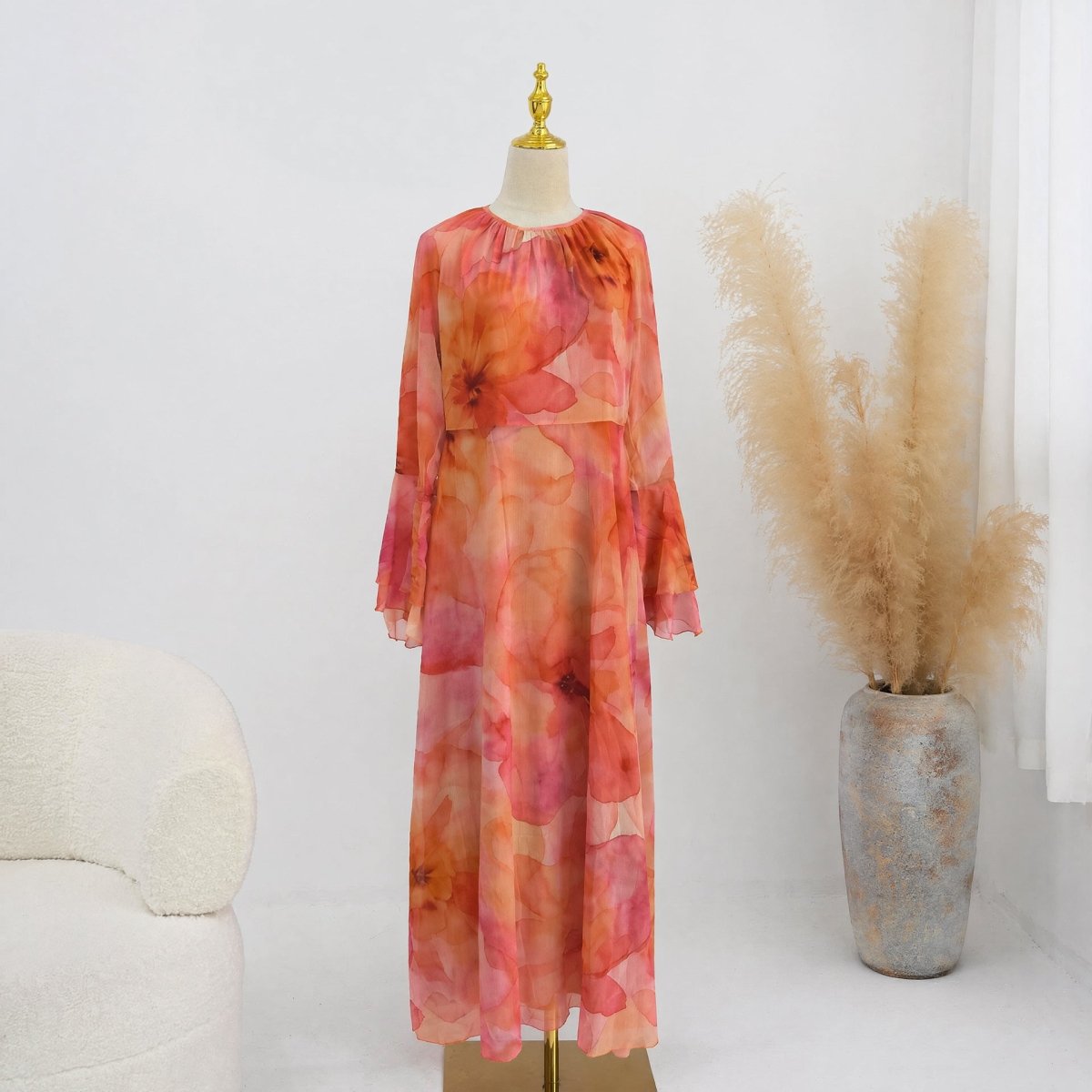 Watercolour Print Double-Layer Flared-Sleeve Maxi Dress(MS479)