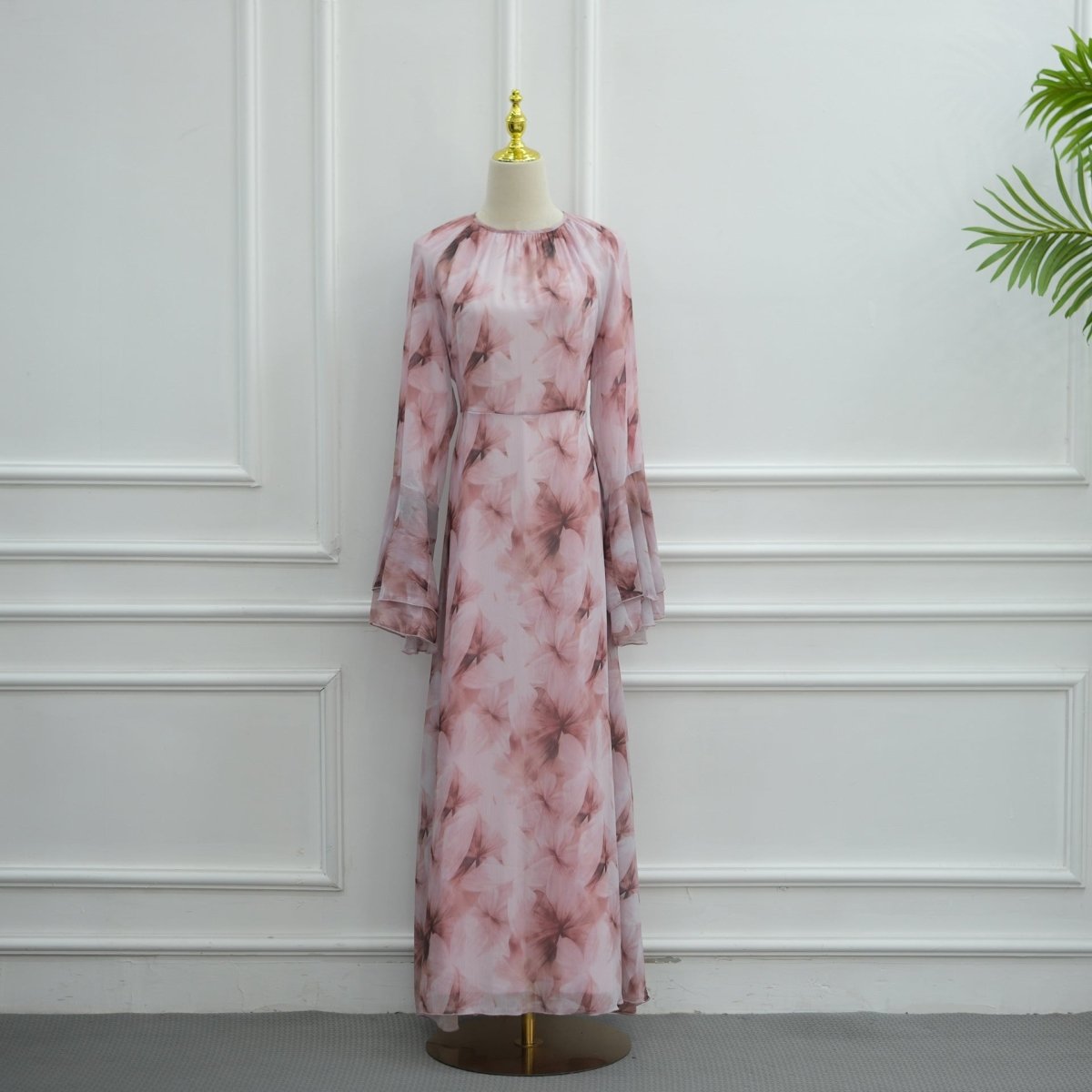 Watercolour Print Double-Layer Flared-Sleeve Maxi Dress(MS479)