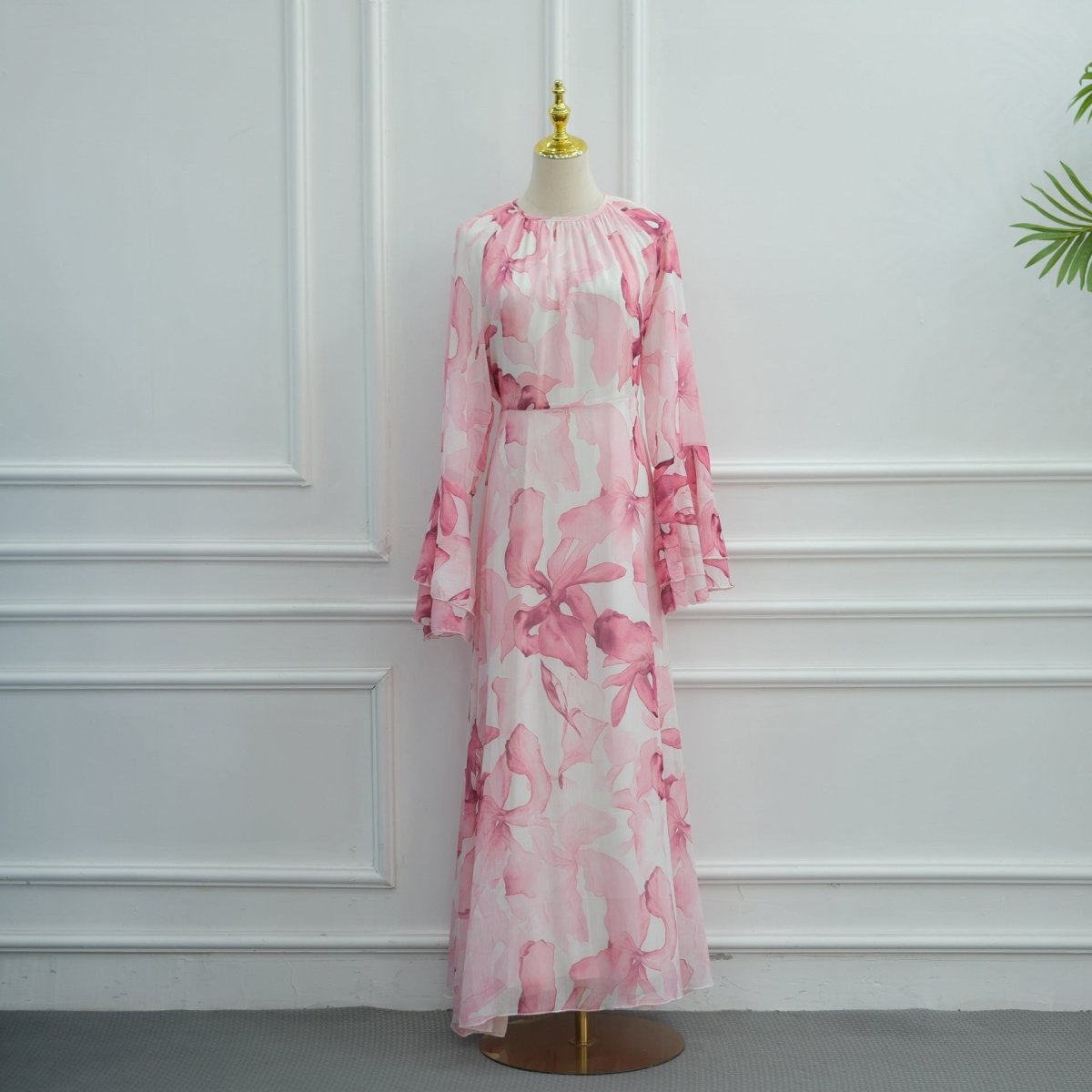 Watercolour Print Double-Layer Flared-Sleeve Maxi Dress(MS479)