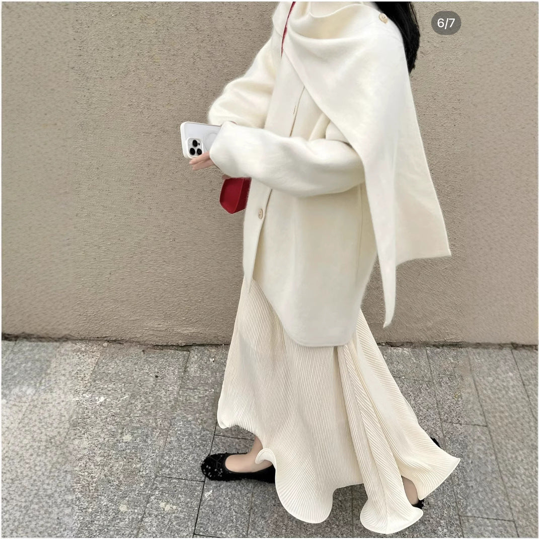 Wool Blend Cape Collar Coat | Mid-Length Button-Front Winter Jacket(MS191)