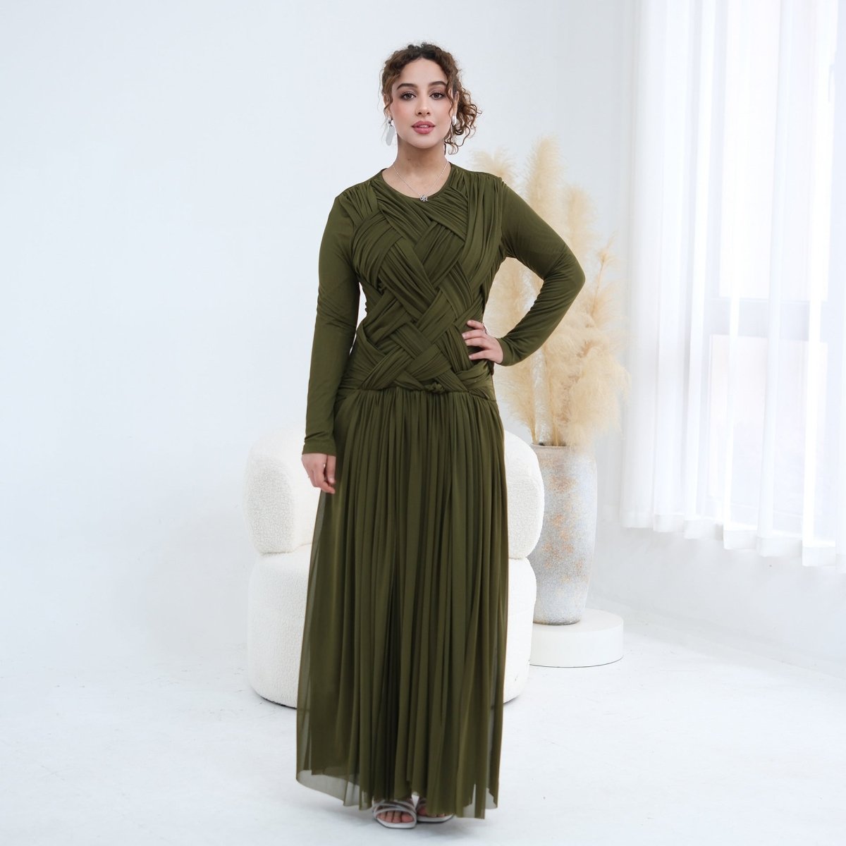 Woven Cross-Strap Bodice Mesh Maxi Dress(MS454)